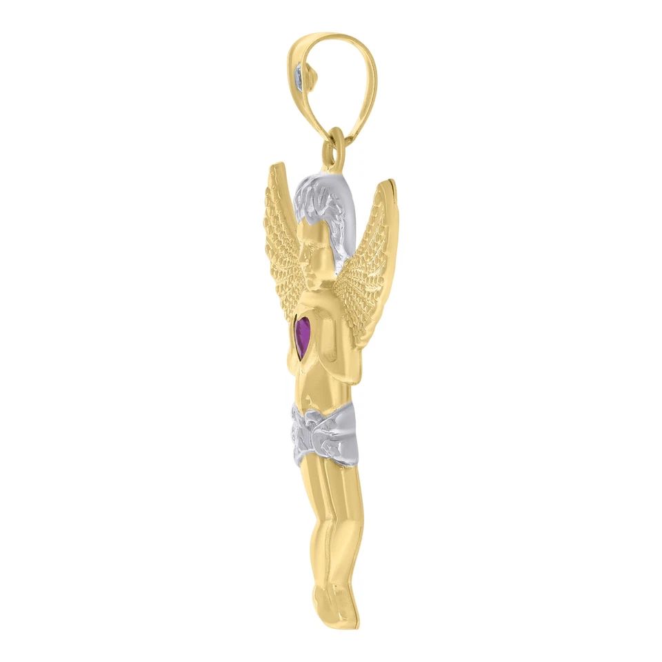 Colgante Corazón Sosteniendo Ángel Dije Corte Diamante Unisex 10K Dos Tonos Oro Circonita Roja 2" Foto 3 de 3