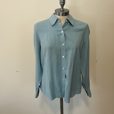 VTG J.Crew Women s Sz. Petite Sm Pastel Blue Silk Blouse Button Front Preppy
