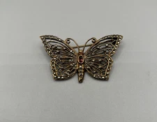 Vtg Art Nouveau Bohemian Butterfly Brooch Bronze & Marcasite With Garnet