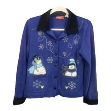 Onque Casuals Button Down Christmas Snowman Embroidered Cardigan Size Small