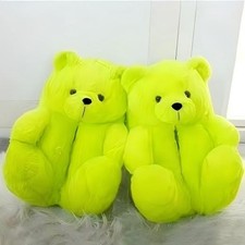 Cute Green Teddy Bear Plush Slippers Warm Soft Fuzzy Home Indoor Slip On Shoes