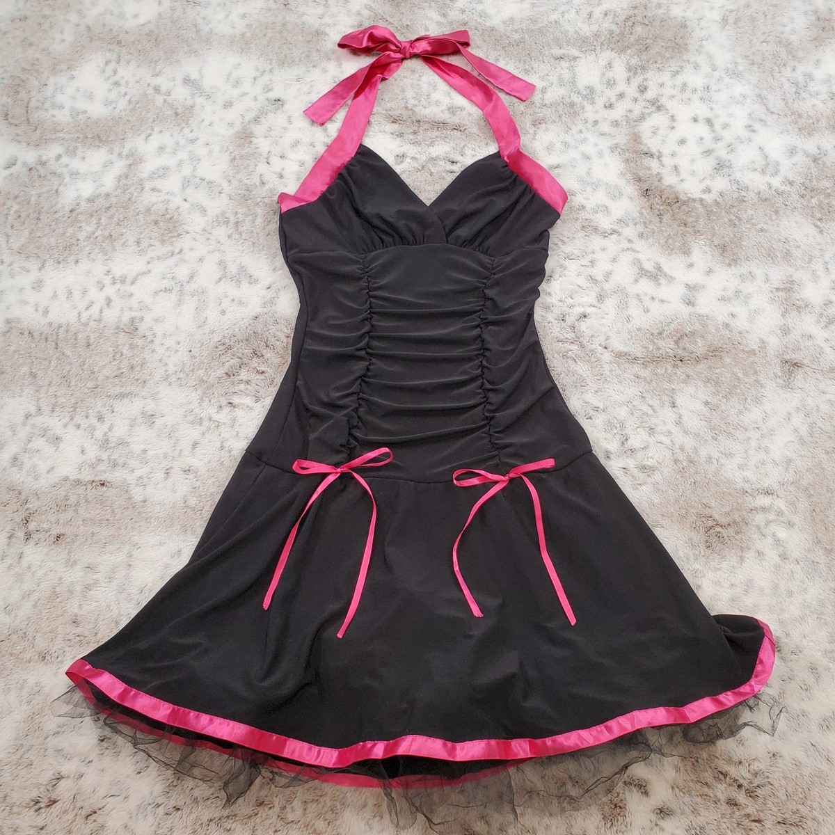 hot pink and black dress Vtg 90s Y2K Taboo Tulle Layered Goth Punk Halter Ruched - M Fit Model is 5’7 Size:S (4/6) Strapless dress collection:linen Zapaka Women Black and
