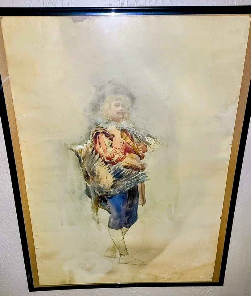 Pintura em aquarela original Cavilear Ghost Face Hunter retrato em papel anos 1800 - Imagem 3 de 4