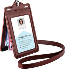 Badge Holder with 2 Lanyard Leather Easily Holds 1 to 6 Cards, Trifold Heavy Dut