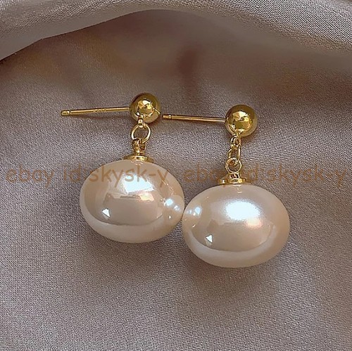 19mm White South Sea Shell Pearl Imitation Pearl Oval Beads Dangle Stud Earrings - Picture 4 of 9