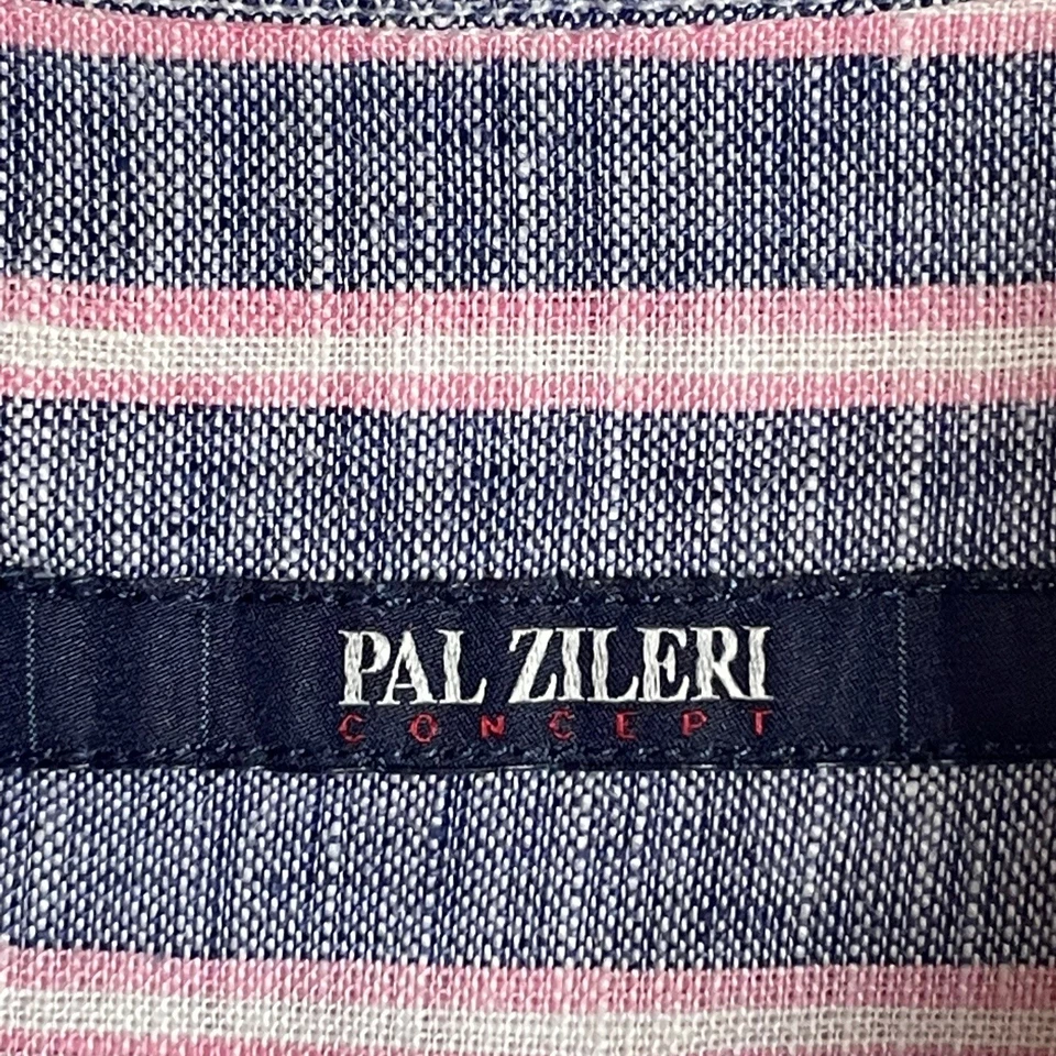 Camisa Pal Zileri linho Itália 41 EUA 16 listrada azul rosa botão para cima manga longa - Imagem 3 de 4