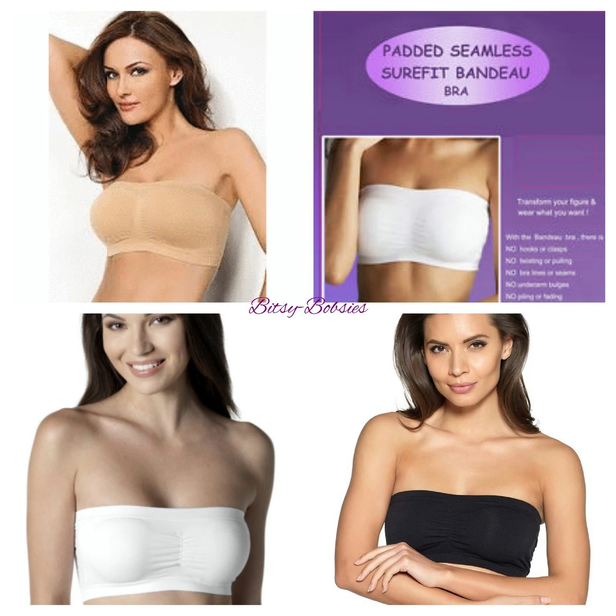 seamless padded strapless bandeau boob tube bra black white or nude S-XXXL