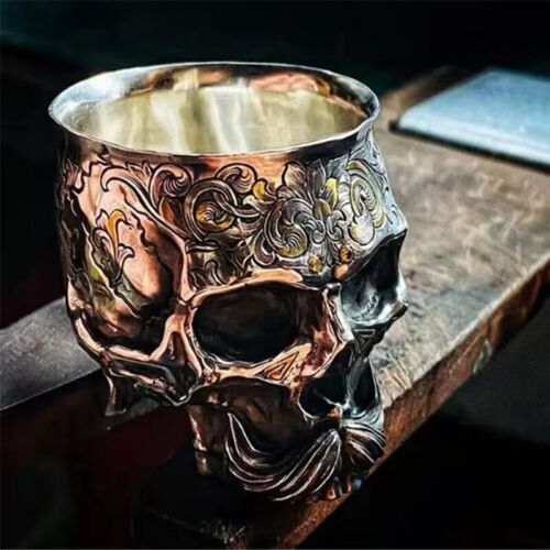 1Pc Gothic Skull Metal Cup Engraved Drink Cup For Adults Wine Tumblers With Hand - Picture 1 of 24