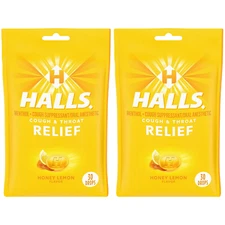 HALLS Relief HONEY-LEMON Cough Drops, 30 Drops Per Pack (Pack Of 2)
