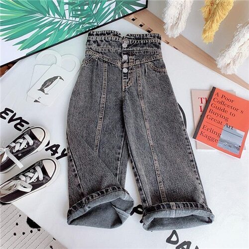 Hose Jeanshose High Waist Jeans Kinder gerades Bein weites Bein Pant ropa - Bild 14 von 14