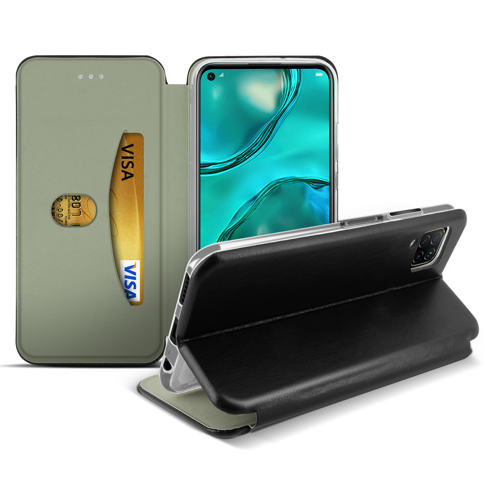 Huawei P40 Lite Folio Case with Card Holder Stand Satin Black
