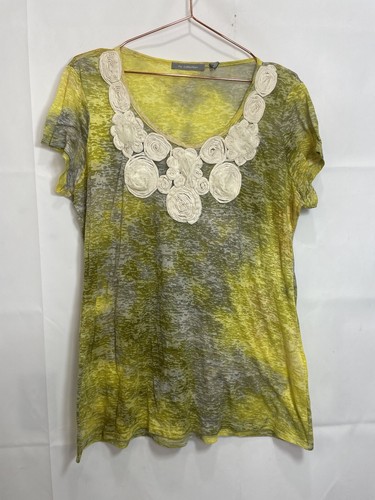 NY Collection Women's XL Yellow &Gray Burn Out Embroidery Rolled Roses T-Shirt - Picture 4 of 24