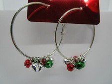 NEW Christmas Seasonal Colorful Green Red Bells Silvertone Hoop Earrings