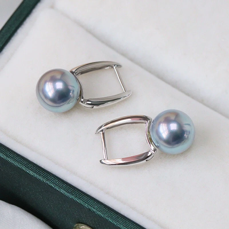 Pendientes de perlas japonesas Akoya Madama de oro de 18 quilates de 10 mm, perlas azules de plata natural Foto 3 de 4