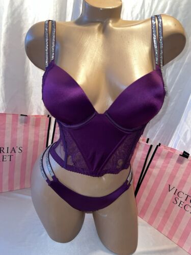 Victoria's Secret Push Up Bra Corset Double Straps 32C Small Thong Purple Satin