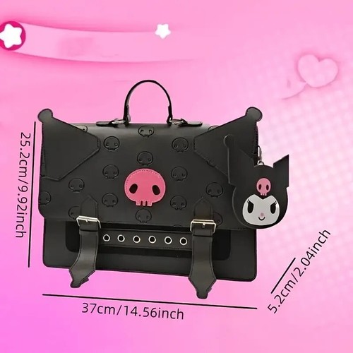 Kuromi Black Pink Messenger School Book Bag Faux Leather Case Keychain Charm Tag - Picture 4 of 10
