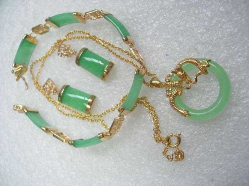 Jewelry Set Jade 18K Gold Plated Pendant Necklace Bracelet Earrings Lucky Party - Bild 22 von 24