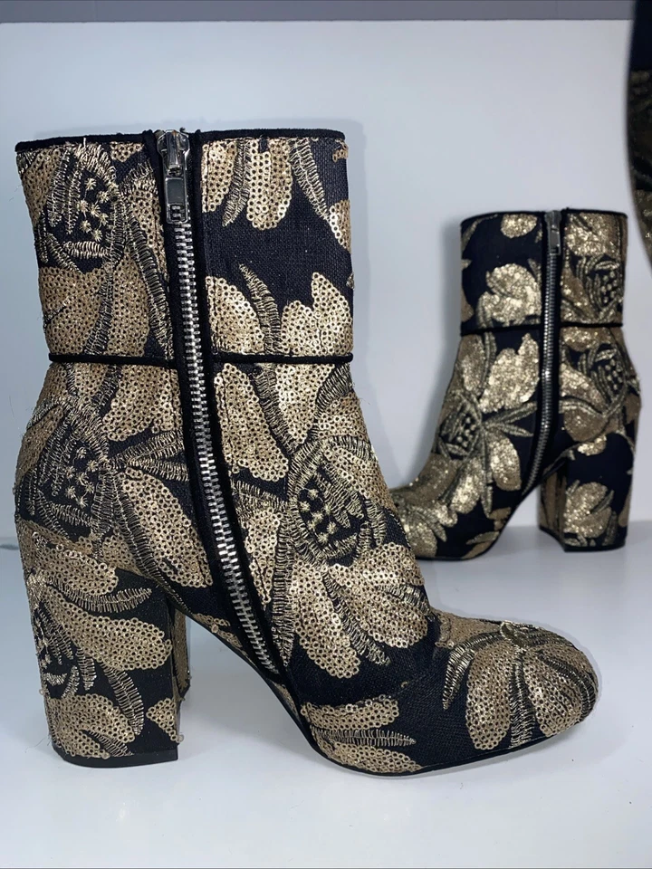 Steve Madden Goldie Bota Glam Adornada Tacón Lentejuelas Metálicas Negro Dorado Talla 7.5 Foto 2 de 4