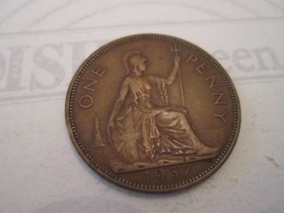 1937 ONE PENNY! Vintage GREAT BRITAIN copper coin: GEORGE VI IS28