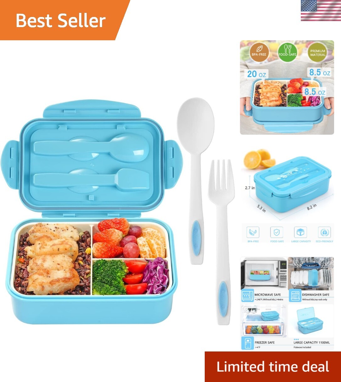 Adult and Kids Bento Lunch Box 1100 ML with Spoon Compartments