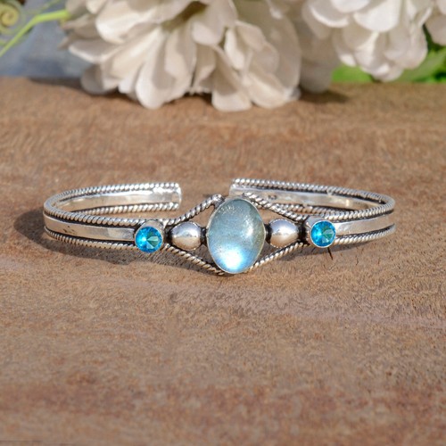 Labradorite & Blue Topaz Gemstone 925 Sterling Silver Bangle Cuff For Party Wear - Picture 3 of 9