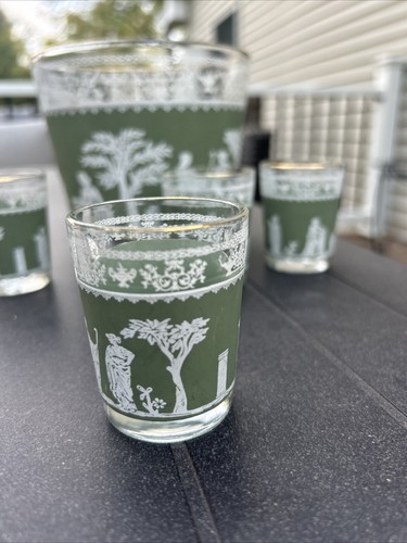 (4) Vintage Jeanette Wedgwood Grecian Green Hellenic Shot Glasses & Ice Bucket - Picture 3 of 11