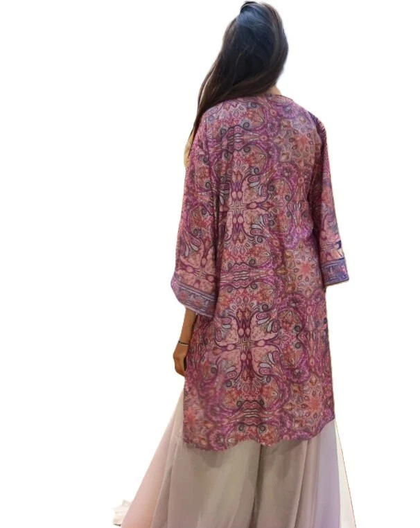 Handmade Pink Silk Kimono Boho Coat Jacket Beach Cover Up Summer Robe vintage - Image 2 of 4