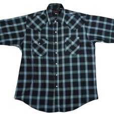 Plains Western Wear Shirt Mens Large Black Plaid Short Sleeve Pearl Snap Western