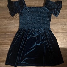 Urban Outfitters Emerald Dark Blue Velvet Smocked Mini Dress Ruffle Sleeve Sz S