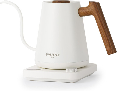 POLIVIAR Electric Gooseneck Kettle, Wood Pattern Handle, White | 1350W, 34Oz Pou