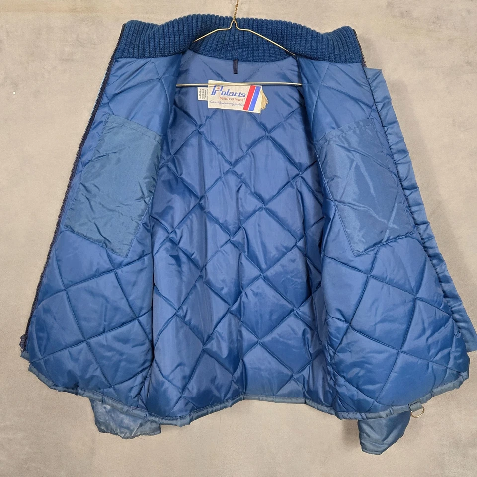复古 Polaris 70 年代蓝色雪地摩托夹克外套成人 XL 被子衬里拉链口袋 — 第 2/4 张图片