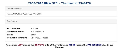 2008-2010 BMW 528I - Thermostat 7549476 - Picture 4 of 4