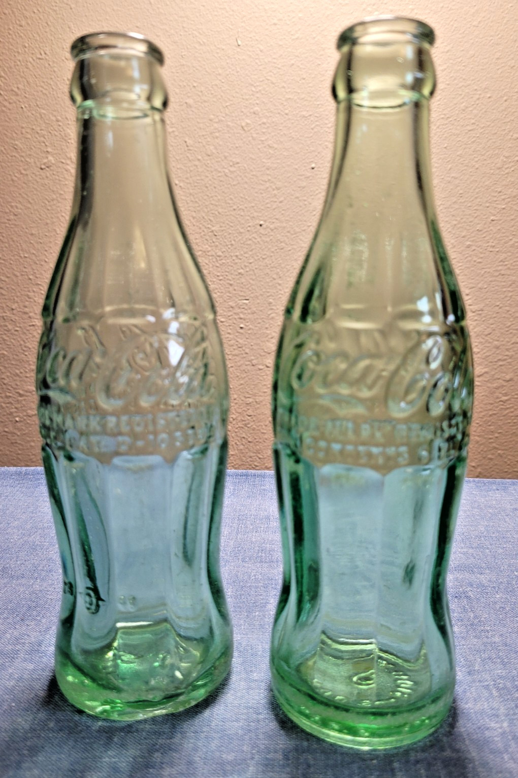 Lot of 2 Vtg 1956 Green Glass Coca-Cola Hobbleskirt Bottles SIOUX FALLS S DAK