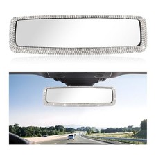 Car Bling Rear View Mirror, Sparkly HD Glass Crystal Diamond Studded White