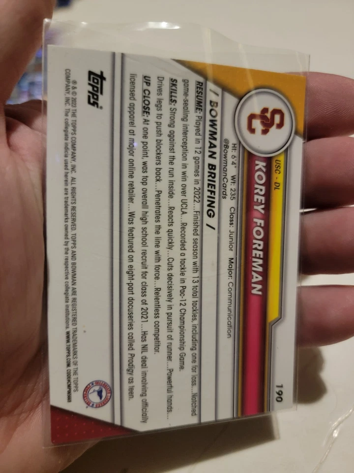 Bowman Chrome U Football USC Trojans Southern Cal Korey Foreman  - Image 2 of 2