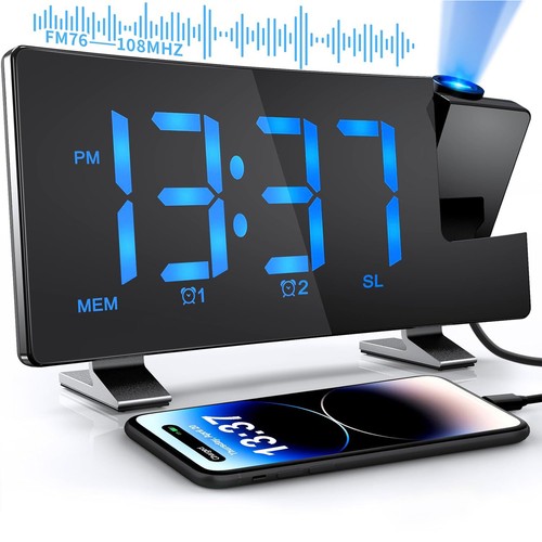 LED Funk-Radiowecker Projektionswecker Radiowecker mit USB-Anschluss Wecker Blau - Bild 2 von 9