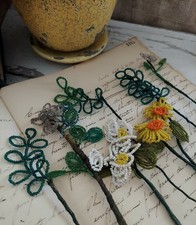 French Seed Bead Flowers Vintage Hand Beaded Flower Stem Lot Set Yellows