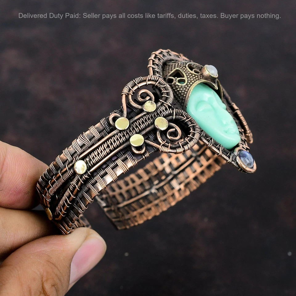 Натуральный зеленый резной радужный лунный камень медь жена проволока обернутый браслет манжета - Изображение 4 из 4