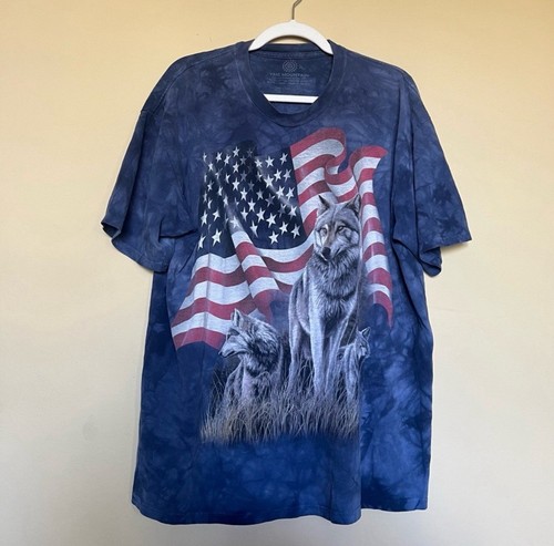 The Mountain Wolf Tie-dye Wolf American Flag Classic Cotton Graphic T-Shirt XL