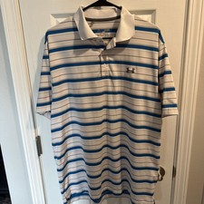 Under Armour Polo Shirt Mens XL White Blue Striped HeatGear Golf Performance
