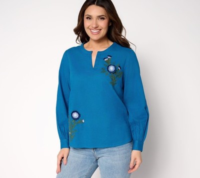 SUNNYLiFE Women's Top Plus Sz 1X 100% Cotton Applique Detail V-Neck Blue A697142