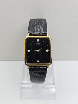 #ad Vintage Pulsar by Seiko Mens Tank Watch Gold Tone Black Dial New Battery $99.99