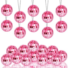 24 PCS Pink Mini Disco Balls, Hanging Mirror Ornaments, Cake Decoration, Rope