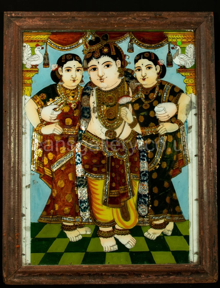 Glass Painting,  Reverse, of Lord Krishna, with Consorts Rukmini and Satyabhama - Image 2 of 4