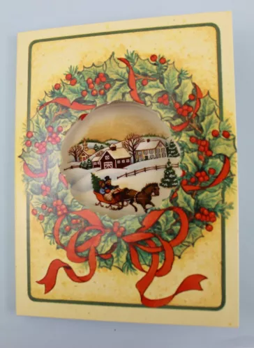 1985 Avon Merry Christmas Porcelain Ornament-Village,Sheigh w/Horse,Tree People