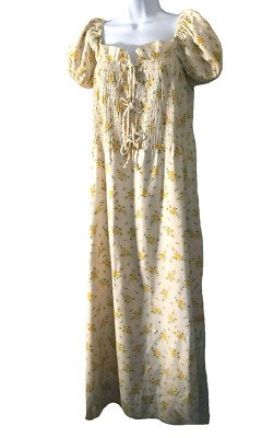 VTG 70s Ivory cotton yellow rose pattern smocked puff sleeve girly maxi  dress S | eBay