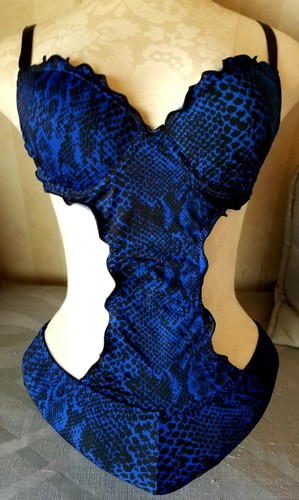 Animal Print Snakeskin Teddy S 32B Underwire Push Up Blue Black Lace Lingerie - Picture 3 of 9