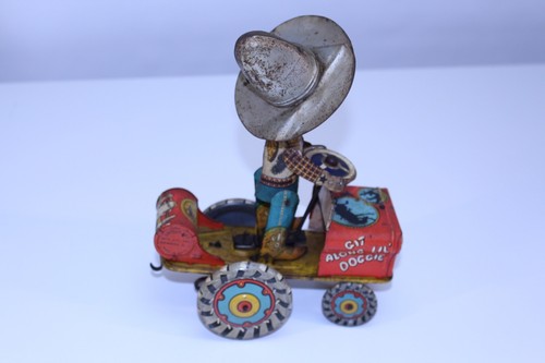 VTG Unique Art Rodeo Joe Cowboy Toys Tin Litho Metal Kids Wind Up Jeep Car Crazy - Picture 8 of 17