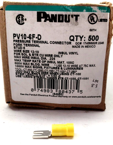 BOX OF 500  PANDUIT, PV10-6F-D, PRESSURE TERMINAL CONNECTOR FORK, WIRE 12-10 - Picture 2 of 3