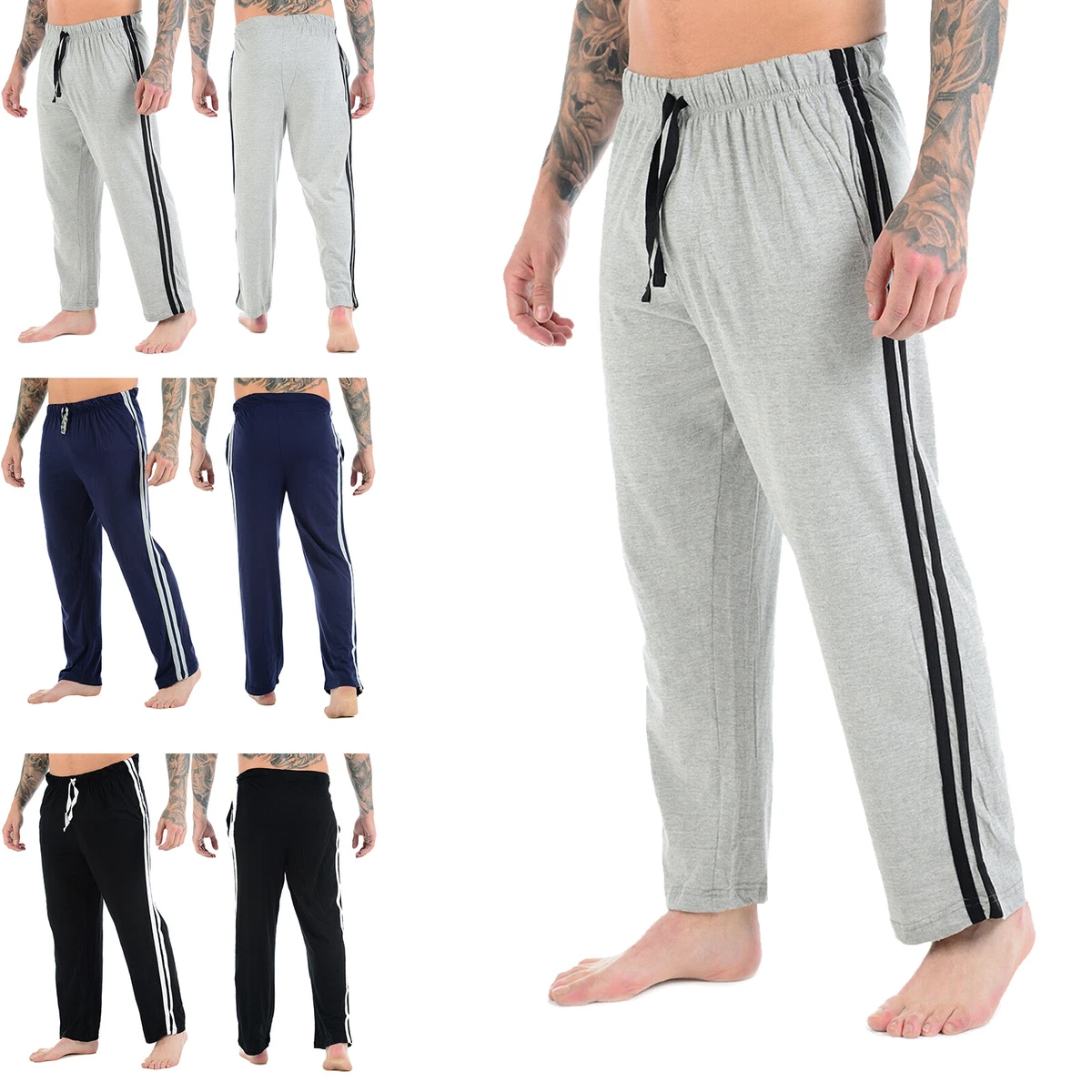 Mens Striped Open Hem Bottoms Track Pants Casual Joggers Jogging Trousers
